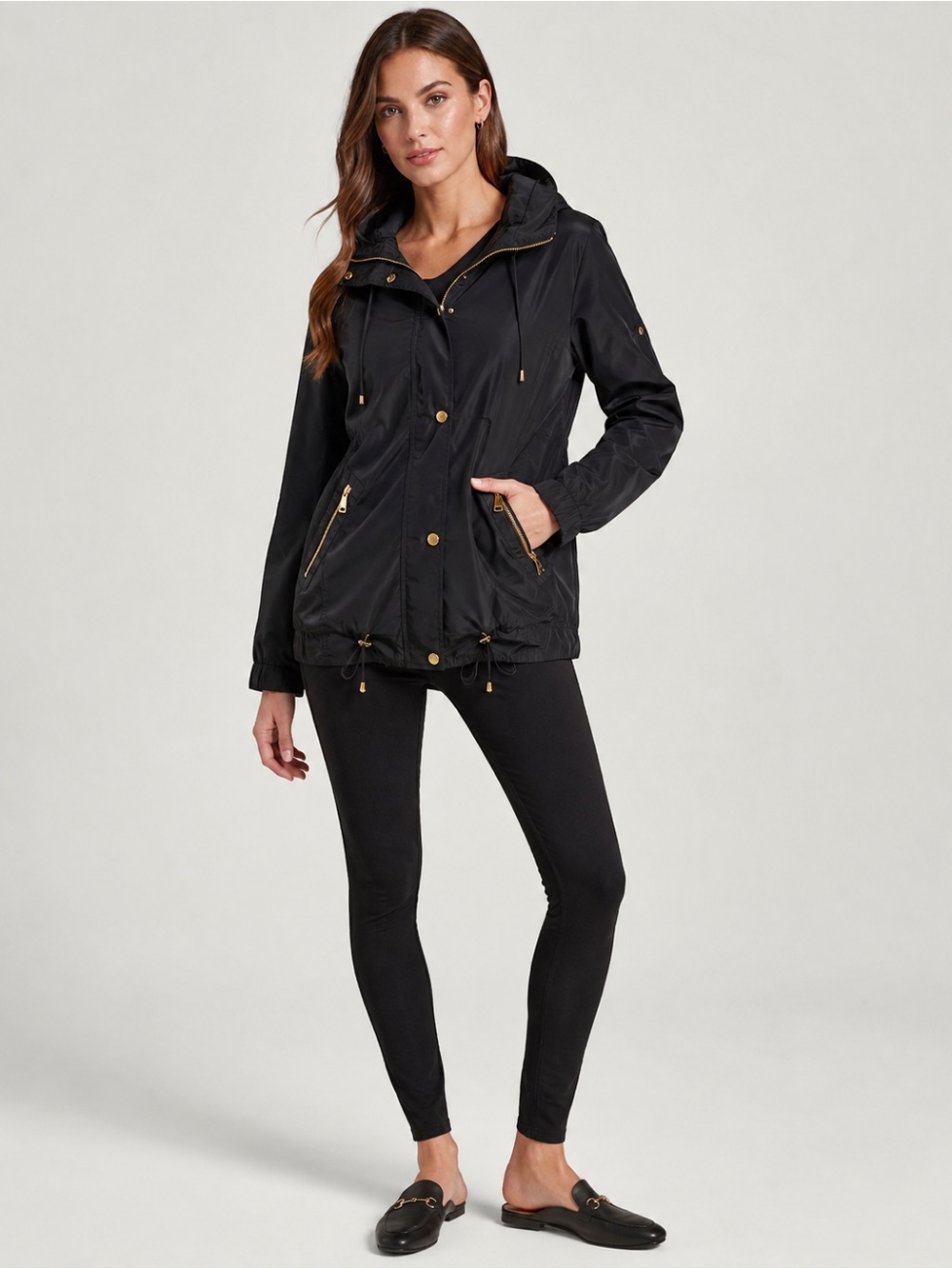 bebe Black Hooded Utility Jacket Medium Gold Hardware Windbreaker Y2K